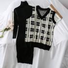Set: Turtleneck Sweater Dress + Plaid Vest Black - One Size