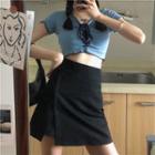 Short-sleeve Lace-up Crop Top / High-waist Mini A-line Skirt
