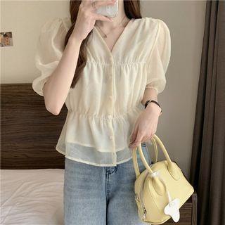 Puff-sleeve V-neck Ruched Button-up Blouse