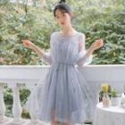 Set: Balloon-sleeve Mesh A-line Dress + Slipdress