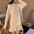 Set: Cable Knit Sweater + Ruffled Hem Mini Pencil Skirt Sweater - White - One Size / Skirt - White - One Size