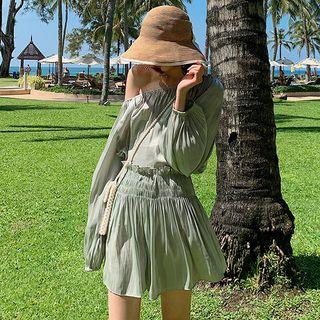 Set: Long-sleeve Off-shoulder Top + Mini A-line Skirt