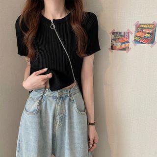 Short-sleeve Zip Knit Crop Top