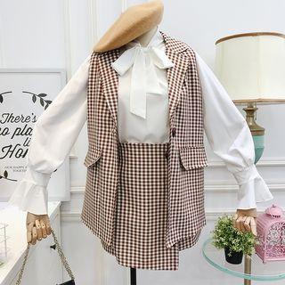 Set Of 3: Tie-neckline Chiffon Top + Plaid Vest + Skirt