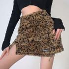 Fluffy Leopard Print Mini Fitted Skirt Khaki - One Size