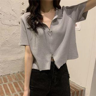 Short-sleeve Heart-accent Zip Knit Top