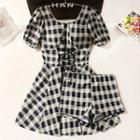 Short-sleeve Gingham Lace-up Swimdress
