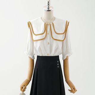 Puff-sleeve Double Collar Blouse / Midi A-line Skirt