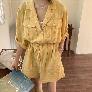 Short-sleeve Plain Loose-fit Playsuit / Jumpsuit