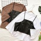 Set: Loose-fit Plain Long-sleeve Top + Faux-leather Camisole Top