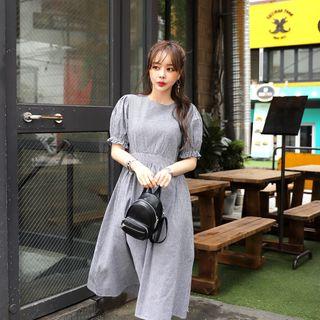 Puff-sleeve Checked Midi Empire Dress
