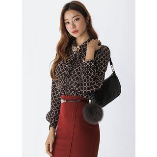 Frill-trim Balloon-sleeve Checked Blouse Brown - One Size