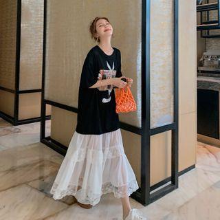 Elbow-sleeve Lace Trim Maxi A-line Dress