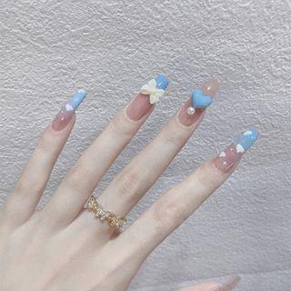Bow Heart Pointed Faux Nail Tips Z-82 - Blue & Nude - One Size
