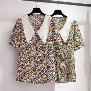 Short Sleeve Eyelet Lace Collar Floral Blouse
