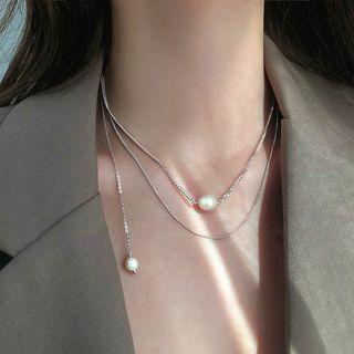 Faux Pearl Layered Necklace 925 Silver - Double Layer Necklace - One Size