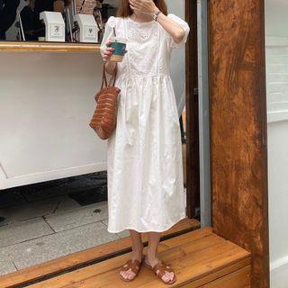 Puff-sleeve Eyelet Panel Midi A-line Dress