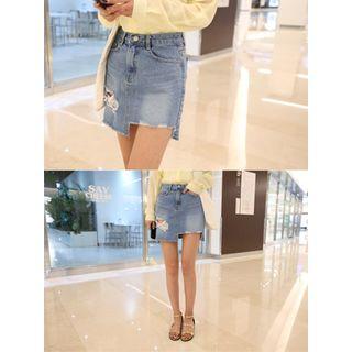 Distressed Denim Mini A-line Skirt