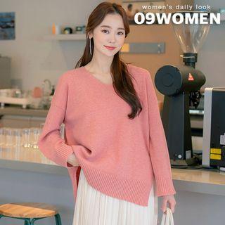 V-neck Slit-side Wool Blend Knit Top