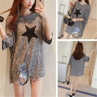 Star Print Elbow Sleeve Ripped T-shirt Gray - One Size
