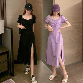 Square Neck Puff Sleeve Slit A-line Dress