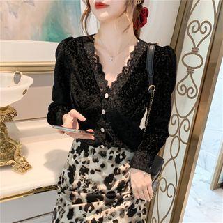 Puff Sleeve Lace Panel V-neck Velvet Blouse