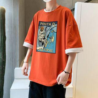 Mock Two-piece Short-sleeve Cartoon Print T-shirt
