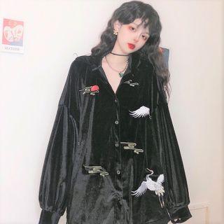Velvet Embroidery Shirt Black - One Size