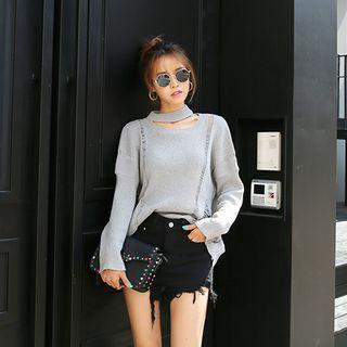 Choker-neck Distressed Knit Top