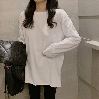 Crewneck Plain Loose-fit Split Long-sleeve Top As Shown In Figure - One Size