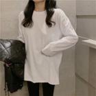 Crewneck Plain Loose-fit Split Long-sleeve Top As Shown In Figure - One Size