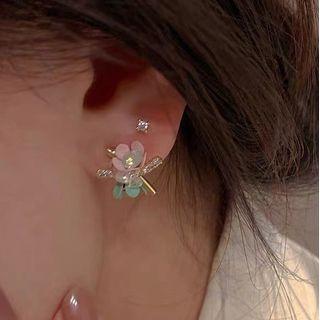 Flower Faux Pearl Rhinestone Earring 1 Pair - Pink & Green - One Size