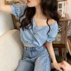 Checked Puff-sleeve Crop Top Checked - Blue - One Size