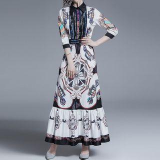 3/4-sleeve Print A-line Maxi Dress