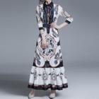 3/4-sleeve Print A-line Maxi Dress