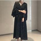 Floral Print Long-sleeve A-line Midi Chiffon Dress Black - One Size
