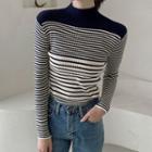 Mock-neck Stripe Rib-knit Top