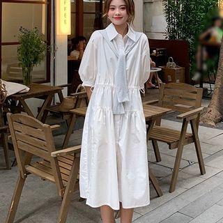 Elbow-sleeve Midi A-line Dress / Scarf