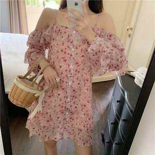 Off-shoulder Floral Long-sleeve A-line Dress