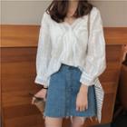 Long-sleeve V-neck Lace Loose-fit Blouse White - One Size