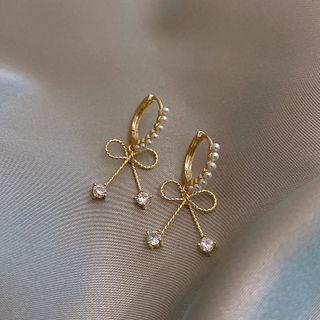Bow Rhinestone Hoop Earring 1 Pair - Gold & White - One Size