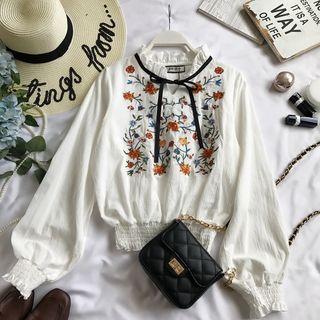 Smocked Floral Embroidered Long-sleeve Blouse