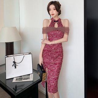 Printed Mesh Cutout Split Skinny Dress