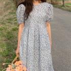 Flower Print Short-sleeve Midi Shift Dress Blue & White - One Size