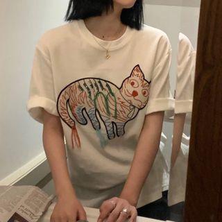 Short-sleeve Cat Embroidered T-shirt White - One Size