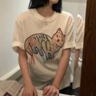 Short-sleeve Cat Embroidered T-shirt White - One Size
