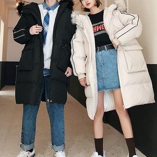 Couple Matching Contrast Trim Furry Hood Padded Coat