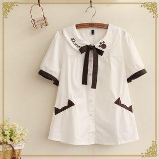Short-sleeve Tie Neck Blouse