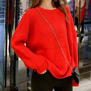 Crew-neck Chunky Knit Sweater Red - One Size