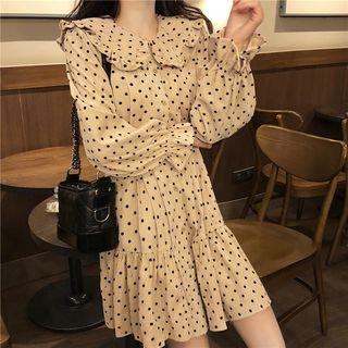 Long-sleeve Collared Dotted Dress As Shown In Figure - One Size